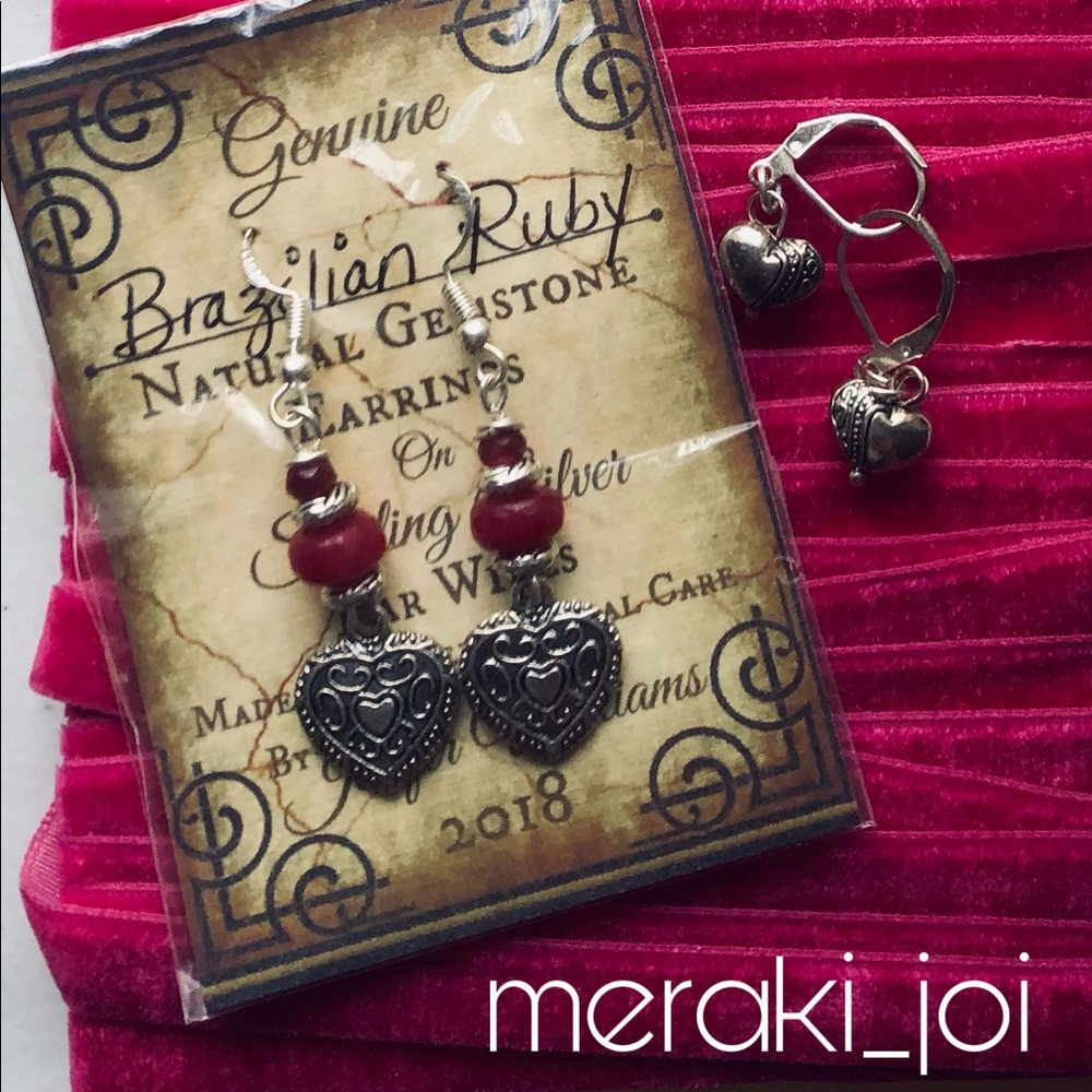 Natural Brazilian Faceted Ruby Gemstone and Sterling Silver Drop Earrings